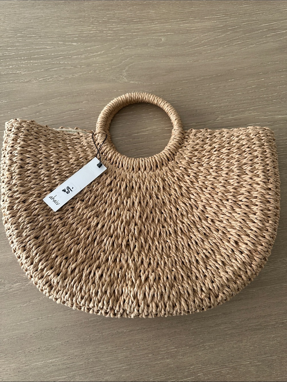 Woven Half-Moon Tote Bag with Round Handles - Natural